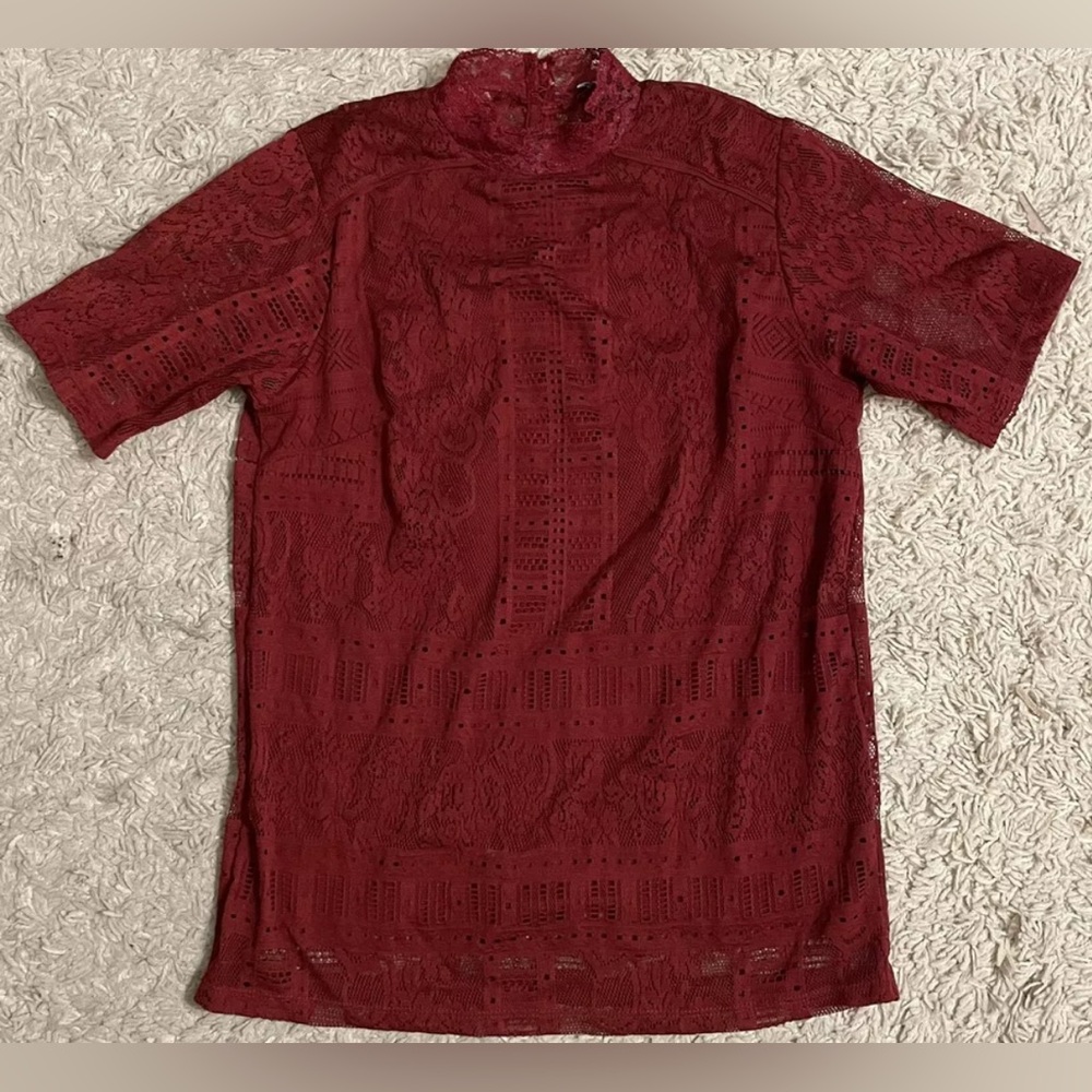 WAREHOUSE burgundy wine short sleeve shirt top blouse medium m